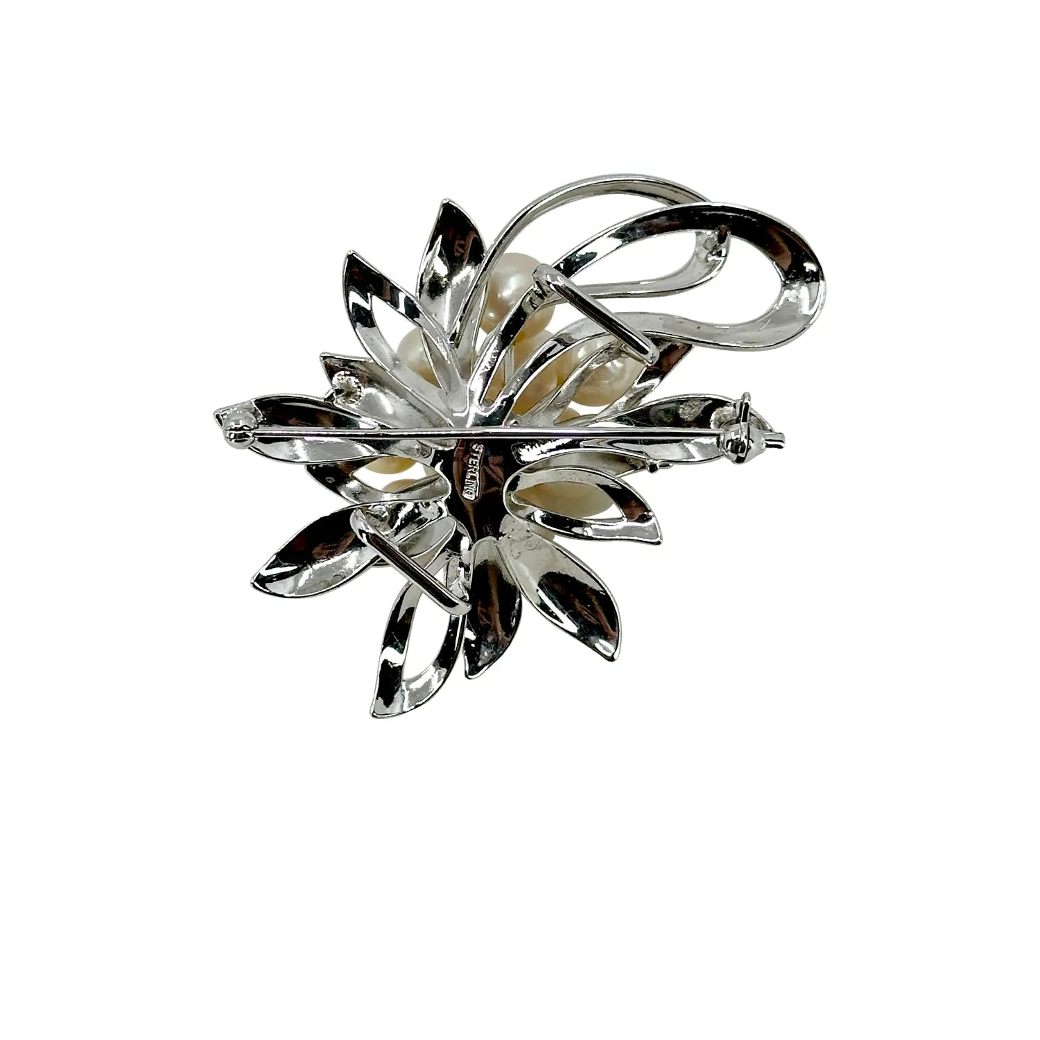 Leaf Cluster Japanese Saltwater Akoya Cultured Pearl Vintage Brooch Obidome- Sterling Silver
