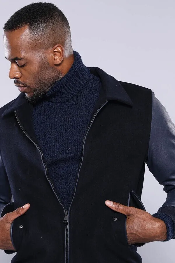Leather Sleeve Navy Blue Cachet Coat | Wessi
