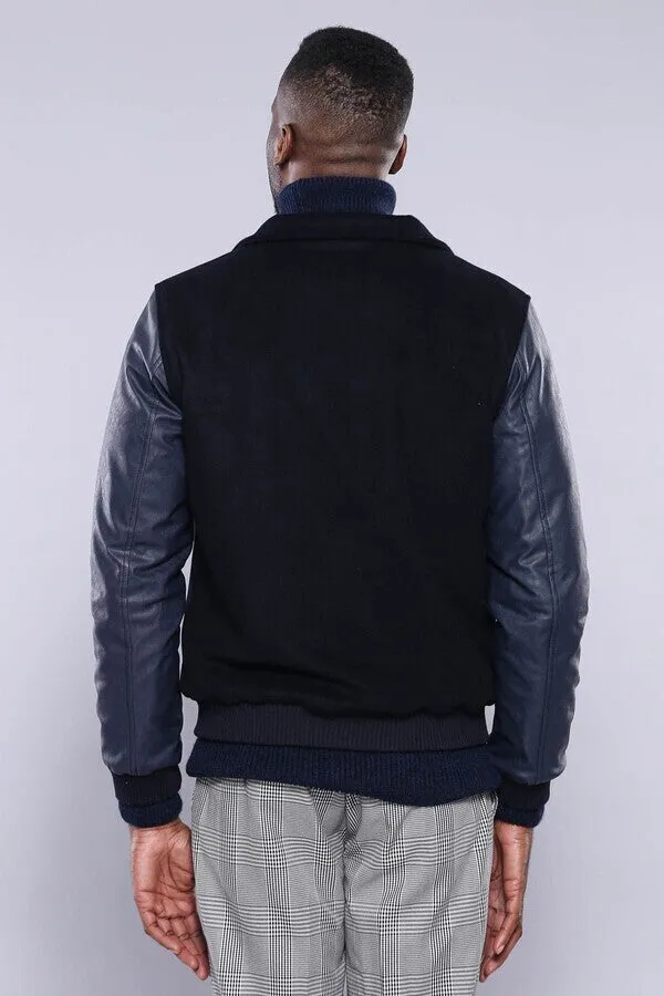 Leather Sleeve Navy Blue Cachet Coat | Wessi