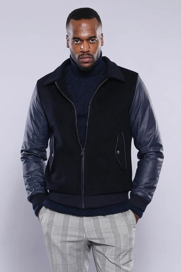 Leather Sleeve Navy Blue Cachet Coat | Wessi