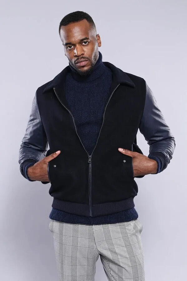 Leather Sleeve Navy Blue Cachet Coat | Wessi