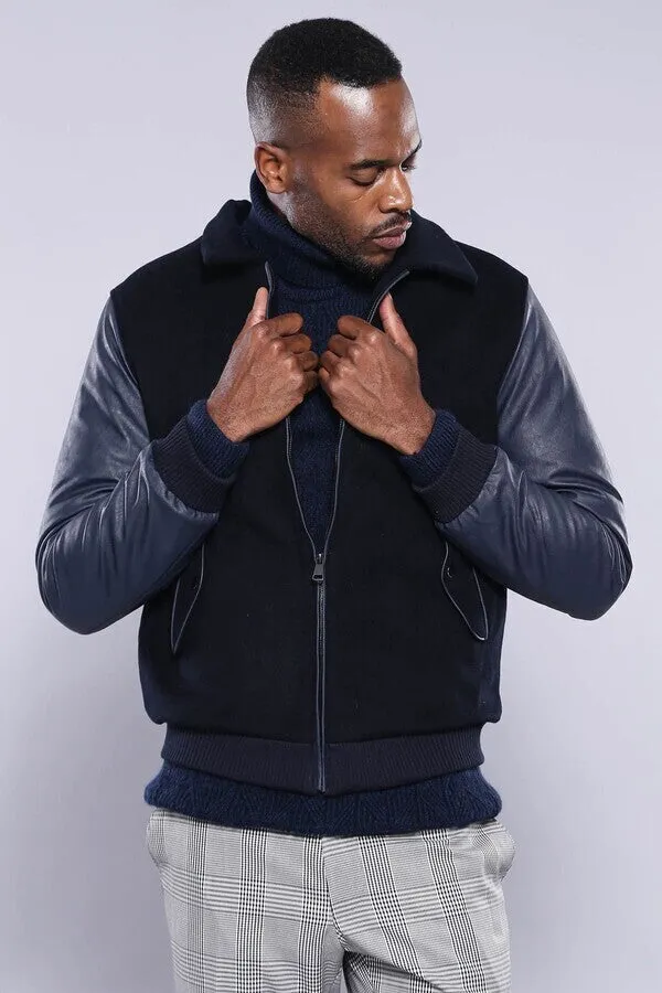 Leather Sleeve Navy Blue Cachet Coat | Wessi
