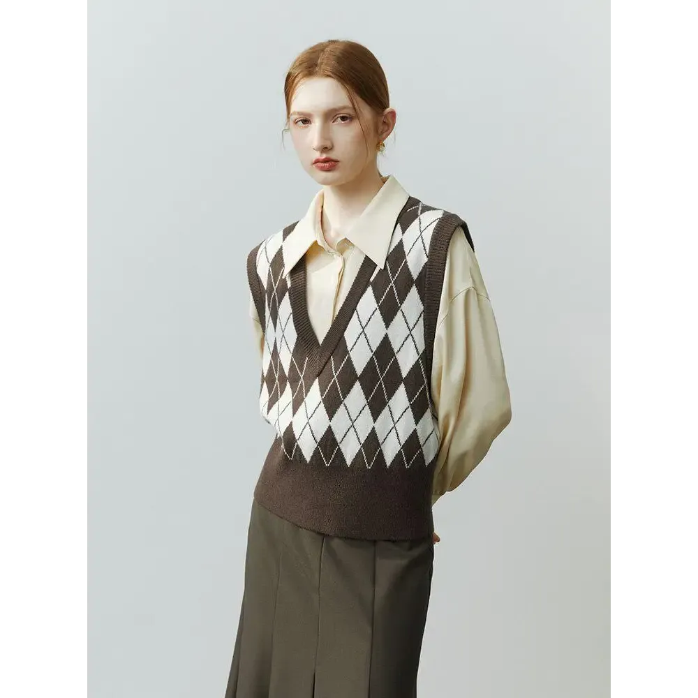 Light Academia Argyle Vest in Soft Beige Green or Pink Hues