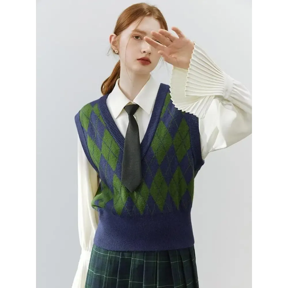 Light Academia Argyle Vest in Soft Beige Green or Pink Hues