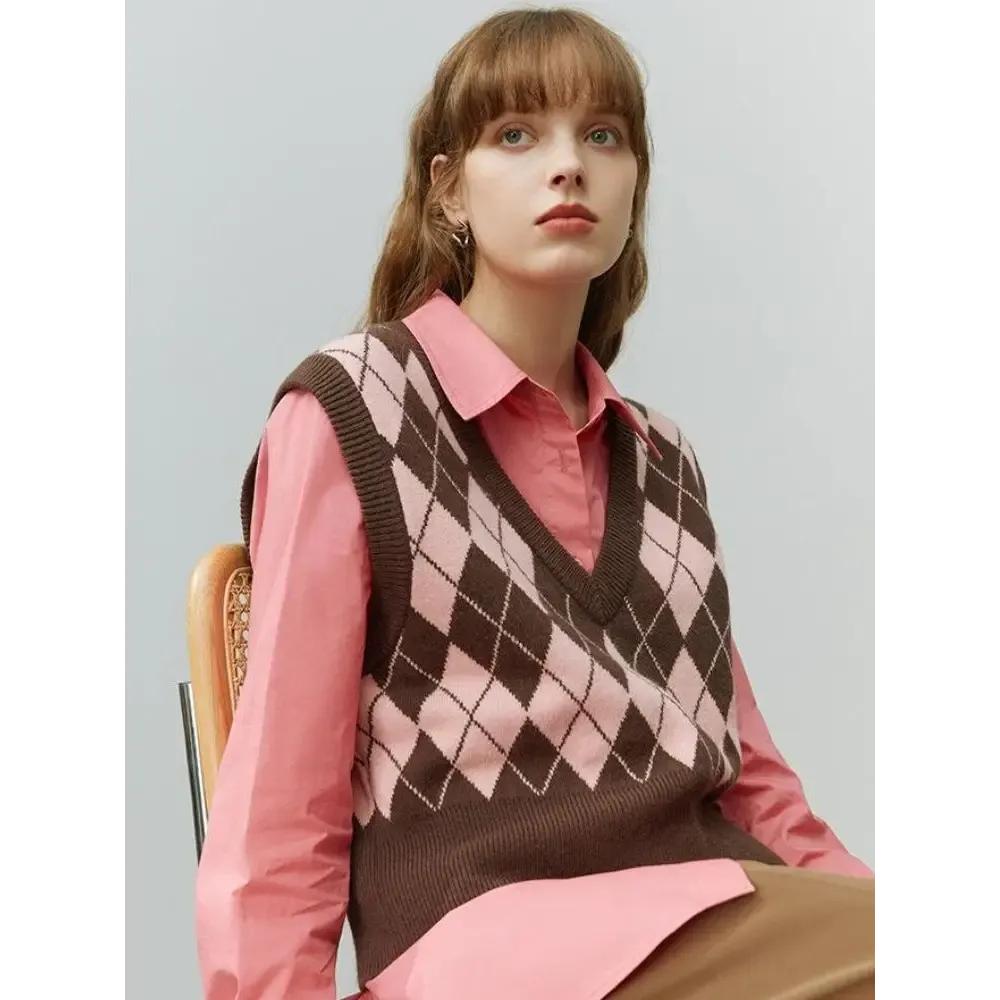 Light Academia Argyle Vest in Soft Beige Green or Pink Hues