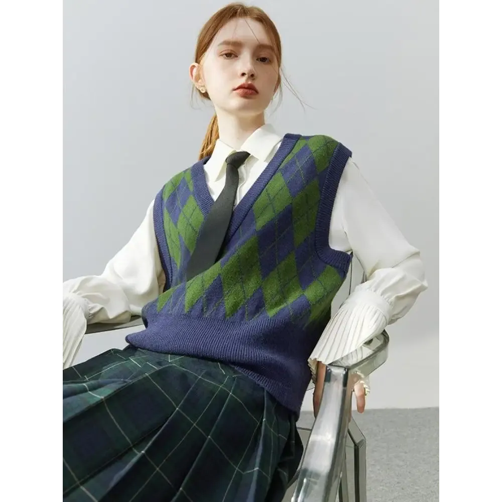 Light Academia Argyle Vest in Soft Beige Green or Pink Hues