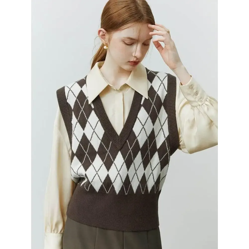 Light Academia Argyle Vest in Soft Beige Green or Pink Hues