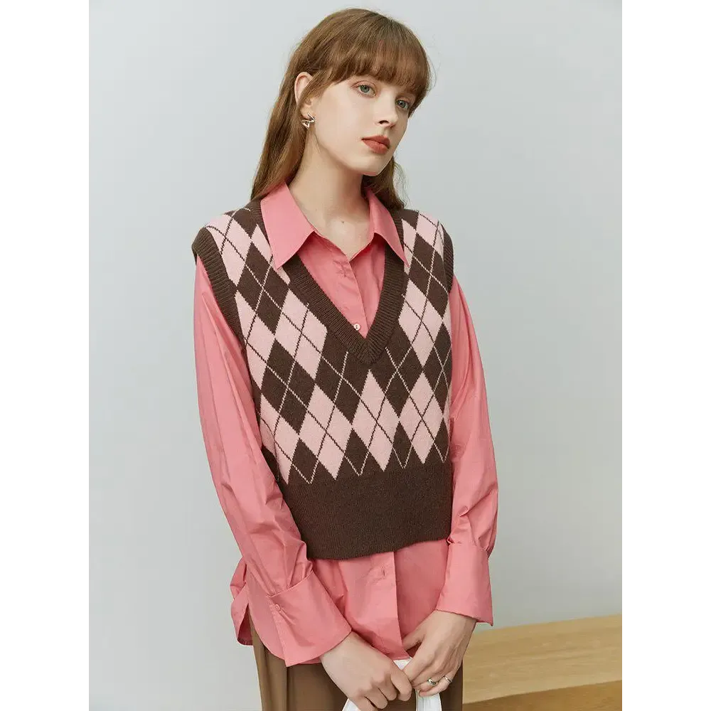 Light Academia Argyle Vest in Soft Beige Green or Pink Hues