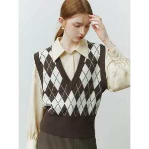 Light Academia Argyle Vest in Soft Beige Green or Pink Hues