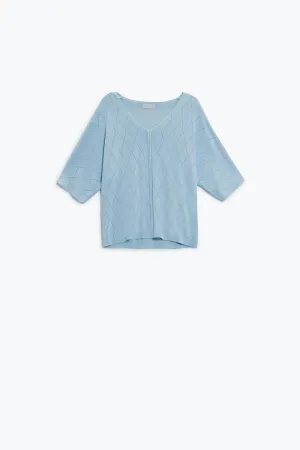 Light Blue Short Sleeve Sweater With Argyle Pattern