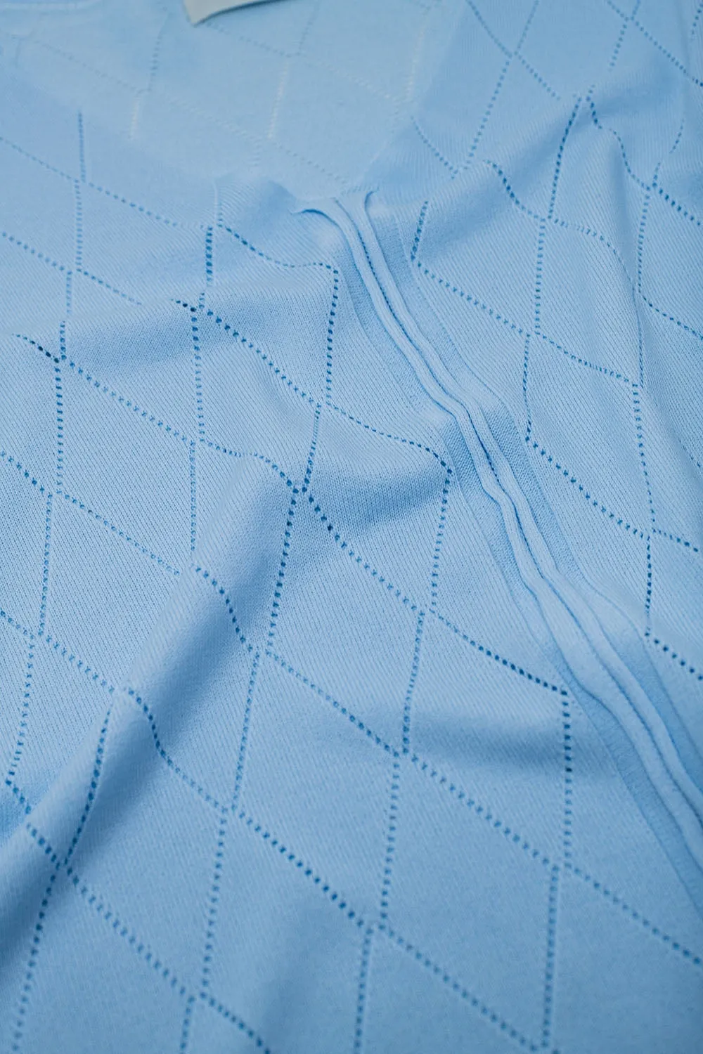 Light Blue Short Sleeve Sweater With Argyle Pattern