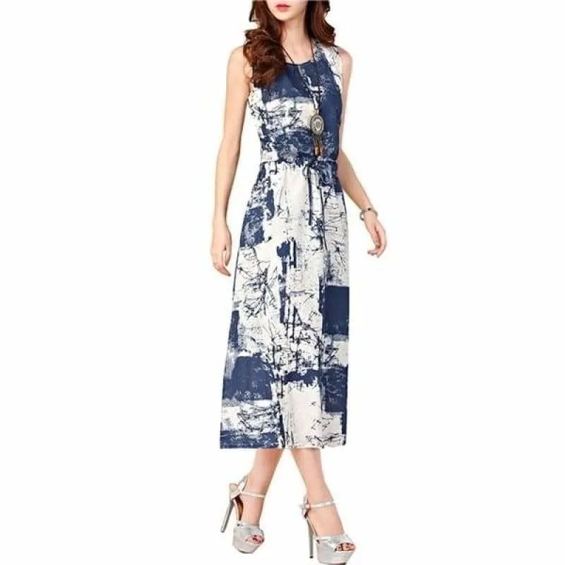 Linen Summer Sleeveless Casual A-Line Adjust Waist Vintage Dress Cotton Linen Midi Dress