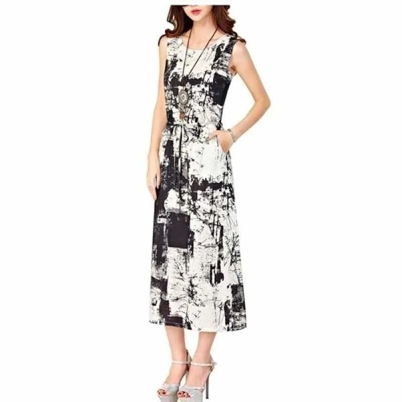 Linen Summer Sleeveless Casual A-Line Adjust Waist Vintage Dress Cotton Linen Midi Dress