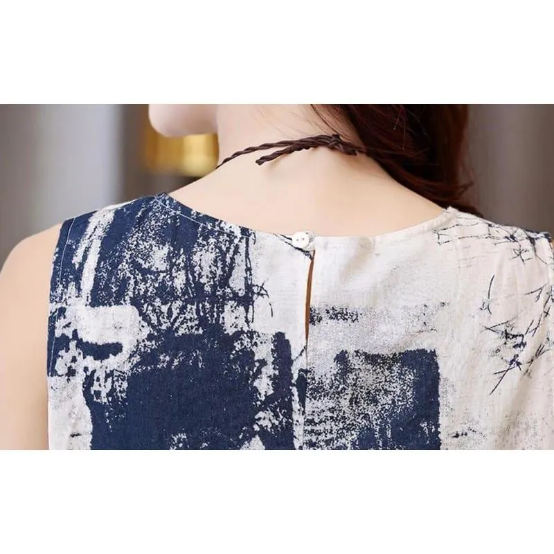 Linen Summer Sleeveless Casual A-Line Adjust Waist Vintage Dress Cotton Linen Midi Dress