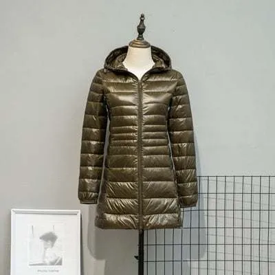 Long Down Jackets Women's Ultra-Light Hooded Duck Down Coat