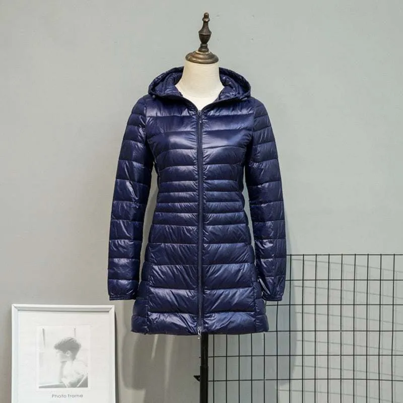 Long Down Jackets Women's Ultra-Light Hooded Duck Down Coat