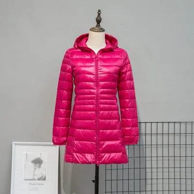 Long Down Jackets Women's Ultra-Light Hooded Duck Down Coat