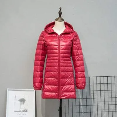 Long Down Jackets Women's Ultra-Light Hooded Duck Down Coat