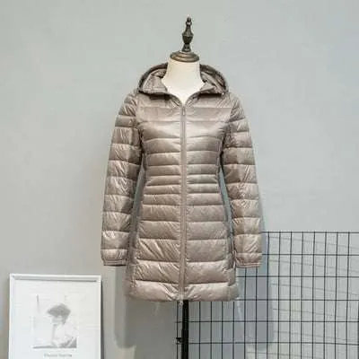 Long Down Jackets Women's Ultra-Light Hooded Duck Down Coat