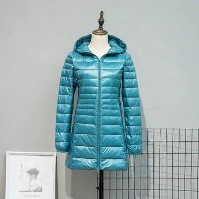 Long Down Jackets Women's Ultra-Light Hooded Duck Down Coat