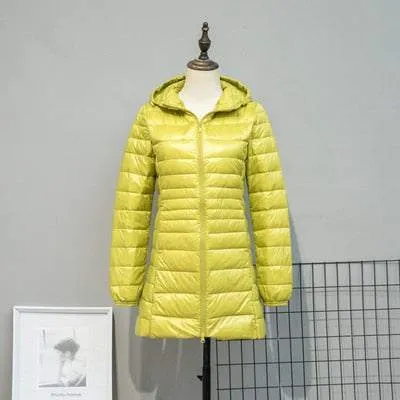 Long Down Jackets Women's Ultra-Light Hooded Duck Down Coat