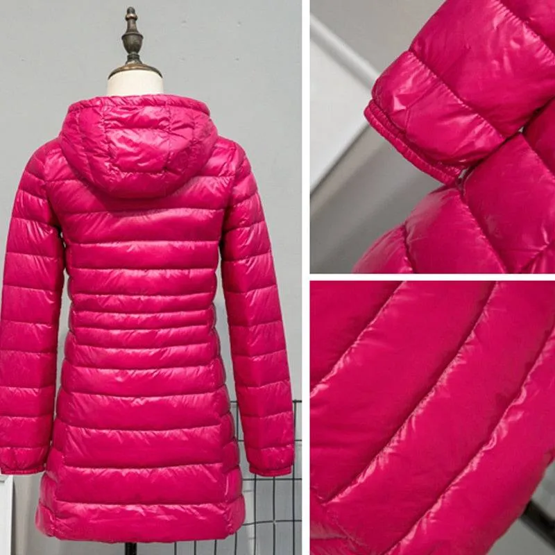 Long Down Jackets Women's Ultra-Light Hooded Duck Down Coat