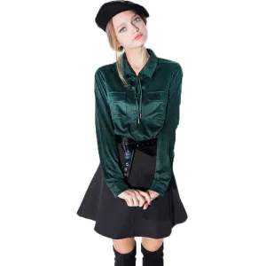 long sleeve suede blouses pockets tie neck women shirts for and