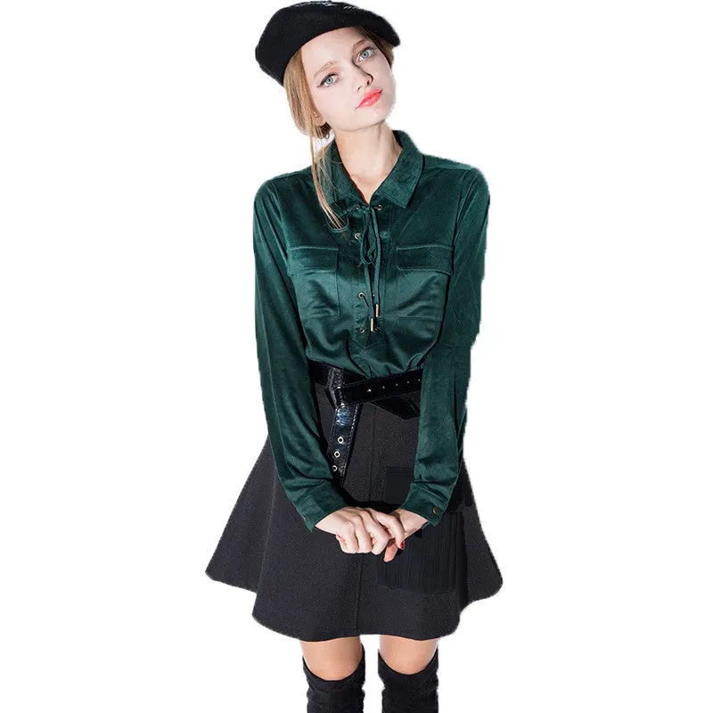 long sleeve suede blouses pockets tie neck women shirts for and