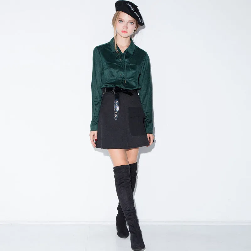 long sleeve suede blouses pockets tie neck women shirts for and