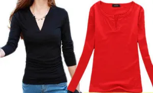 Long Sleeve V-Neck Shirt Women Casual Plus Size Blouses Knitted Body Tops