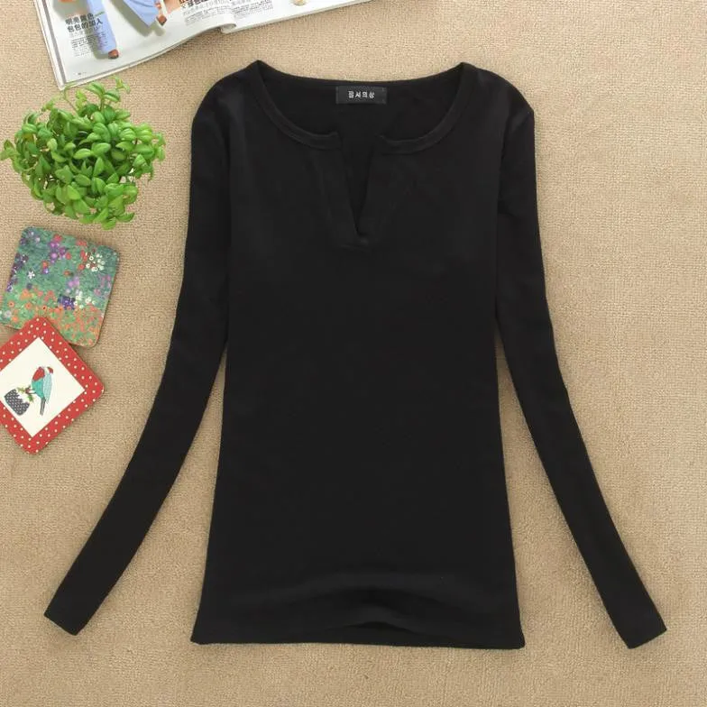 Long Sleeve V-Neck Shirt Women Casual Plus Size Blouses Knitted Body Tops