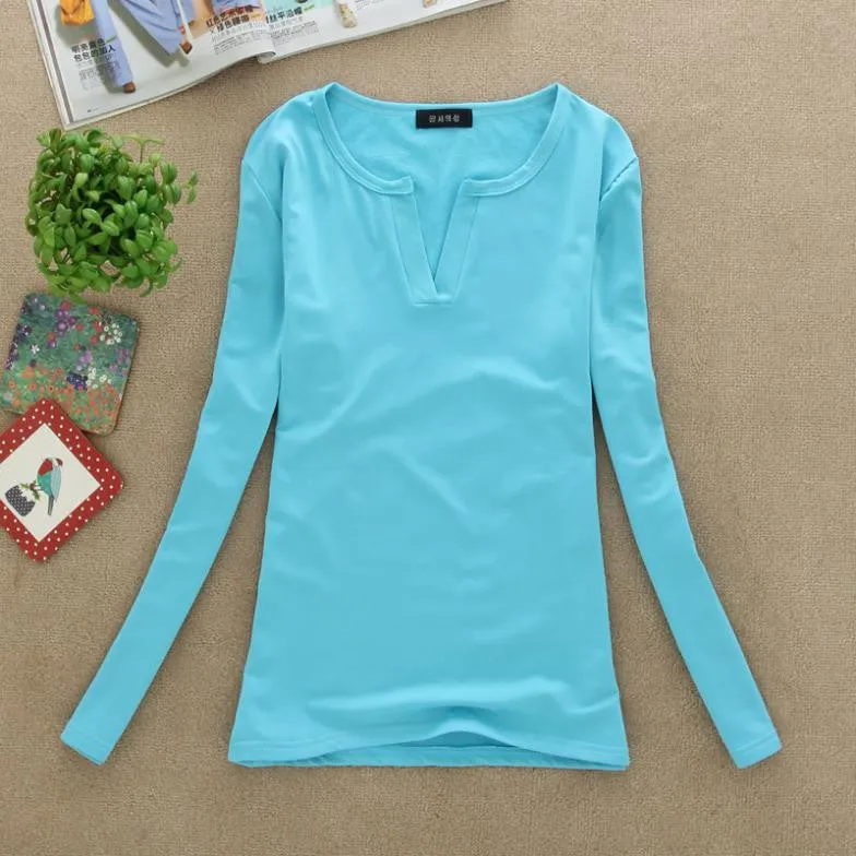 Long Sleeve V-Neck Shirt Women Casual Plus Size Blouses Knitted Body Tops