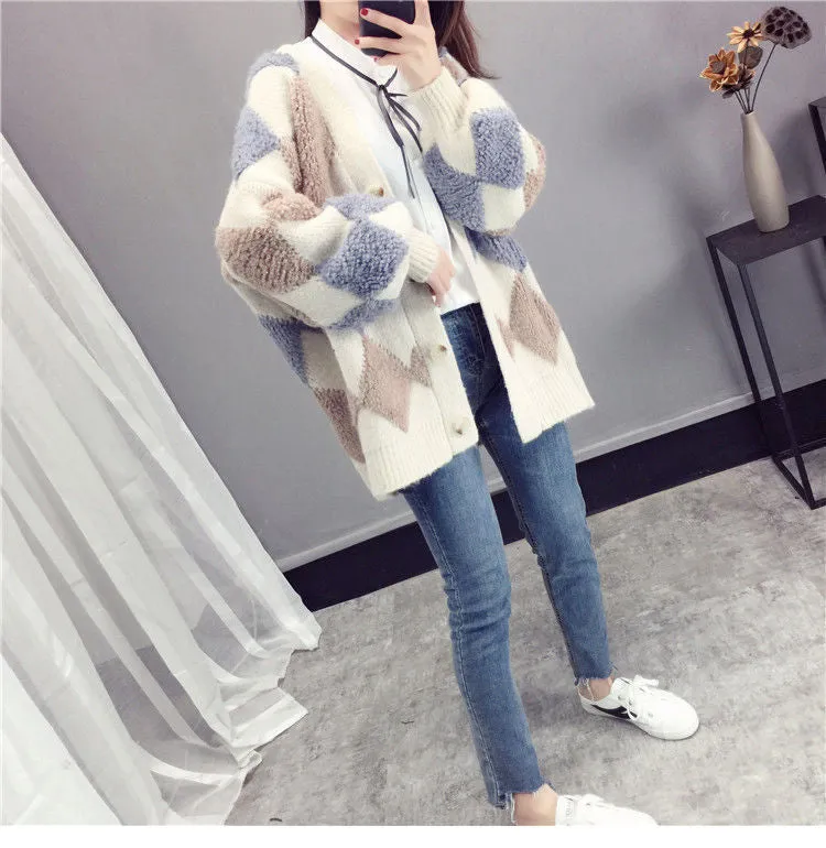 Loose Argyle Pattern Knitted Warm Cardigan Sweater