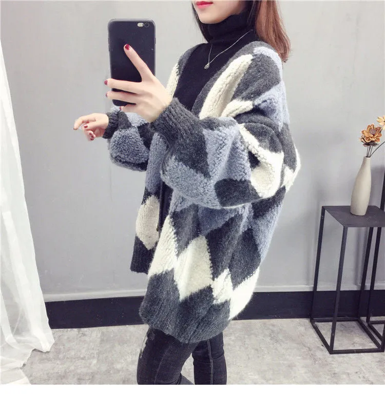 Loose Argyle Pattern Knitted Warm Cardigan Sweater