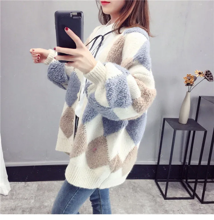Loose Argyle Pattern Knitted Warm Cardigan Sweater