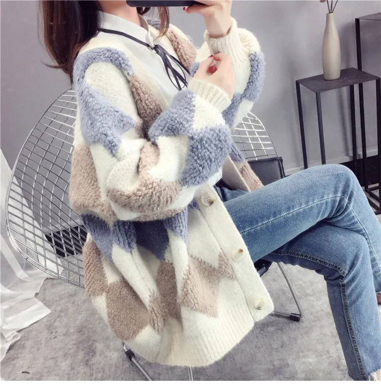 Loose Argyle Pattern Knitted Warm Cardigan Sweater