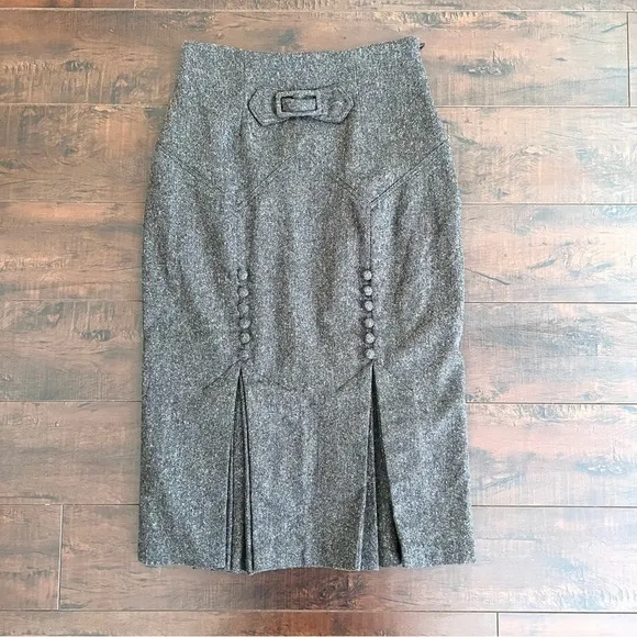 LOUIS VERDAD Tweed Wool Midi Skirt Side Zip Brown Size XS Vintage Inspired