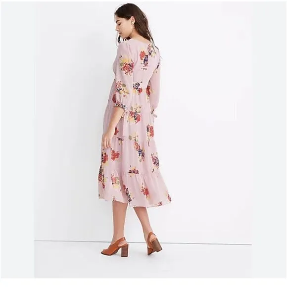 Madewell Floral Tie-Sleeve Tiered Midi Lined Dress in Market Bouquet Size S