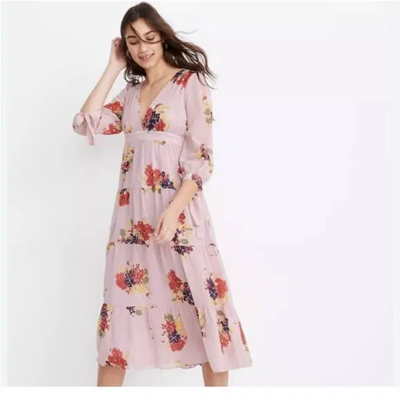 Madewell Floral Tie-Sleeve Tiered Midi Lined Dress in Market Bouquet Size S