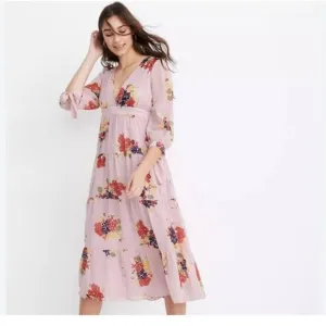 Madewell Floral Tie-Sleeve Tiered Midi Lined Dress in Market Bouquet Size S