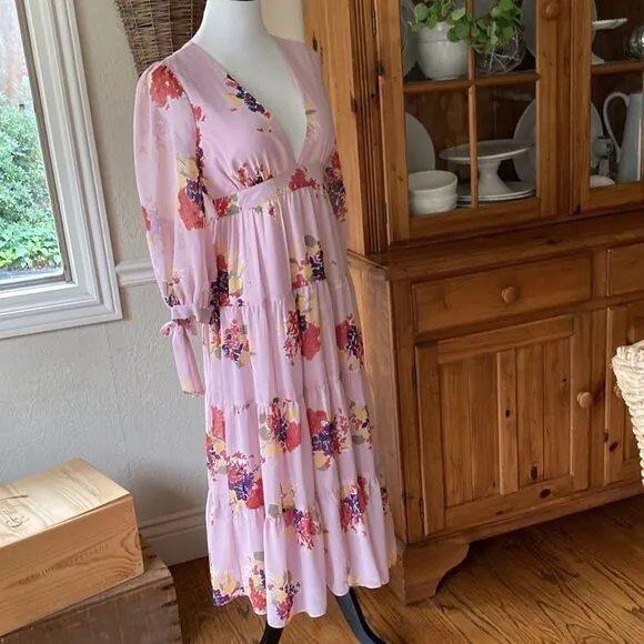 Madewell Floral Tie-Sleeve Tiered Midi Lined Dress in Market Bouquet Size S