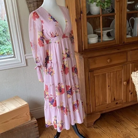 Madewell Floral Tie-Sleeve Tiered Midi Lined Dress in Market Bouquet Size S