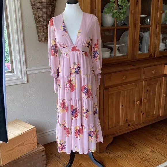 Madewell Floral Tie-Sleeve Tiered Midi Lined Dress in Market Bouquet Size S
