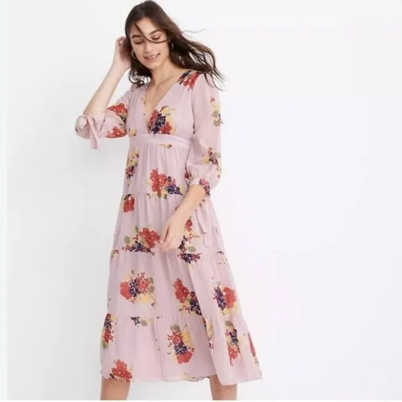 Madewell Floral Tie-Sleeve Tiered Midi Lined Dress in Market Bouquet Size S