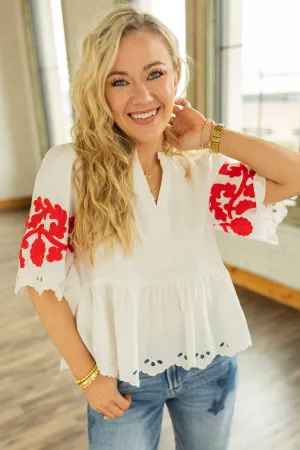 MARTHA PEPLUM EMBROIDERED EYELET TOP