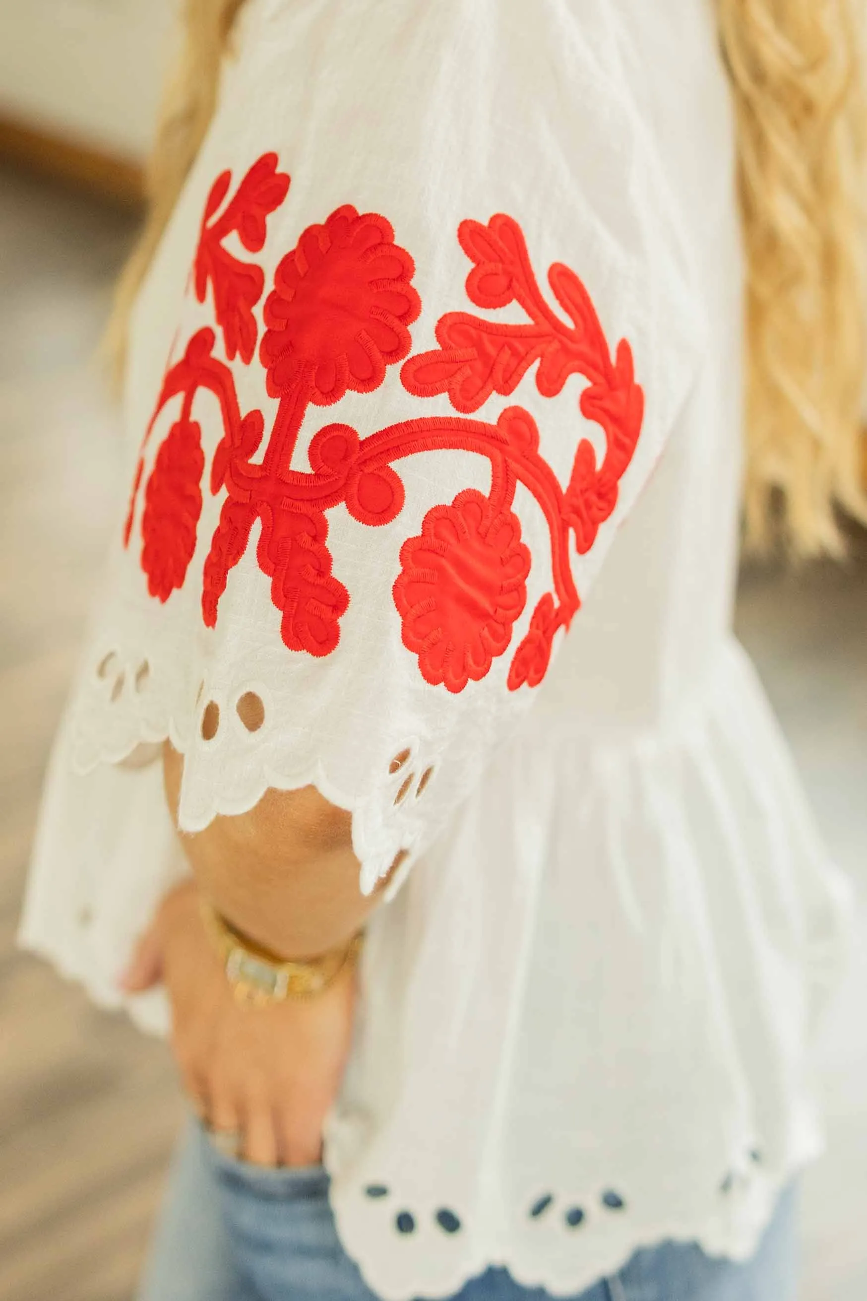 MARTHA PEPLUM EMBROIDERED EYELET TOP