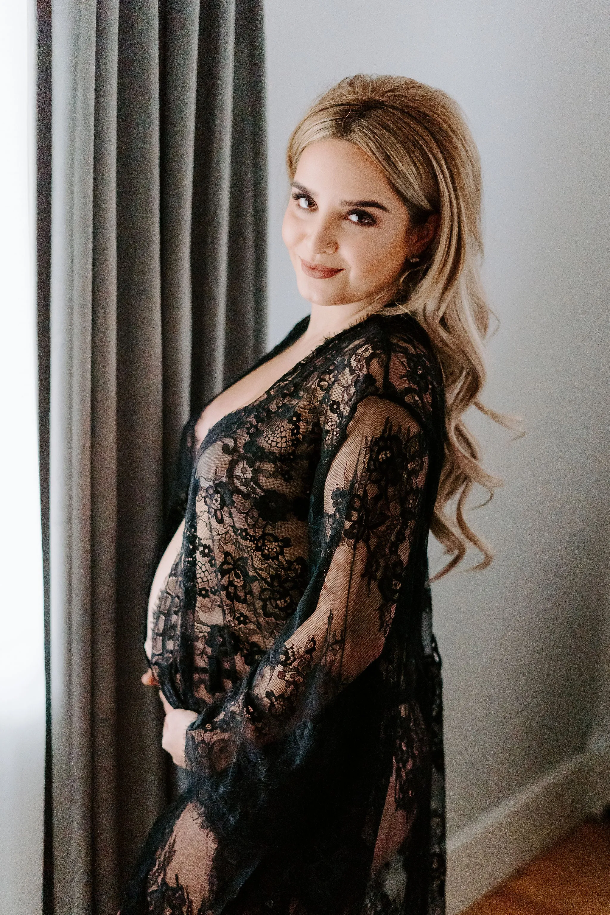 Maternity Black Lace Kimono Robe