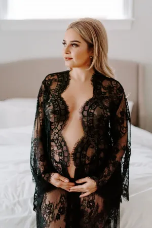 Maternity Black Lace Kimono Robe