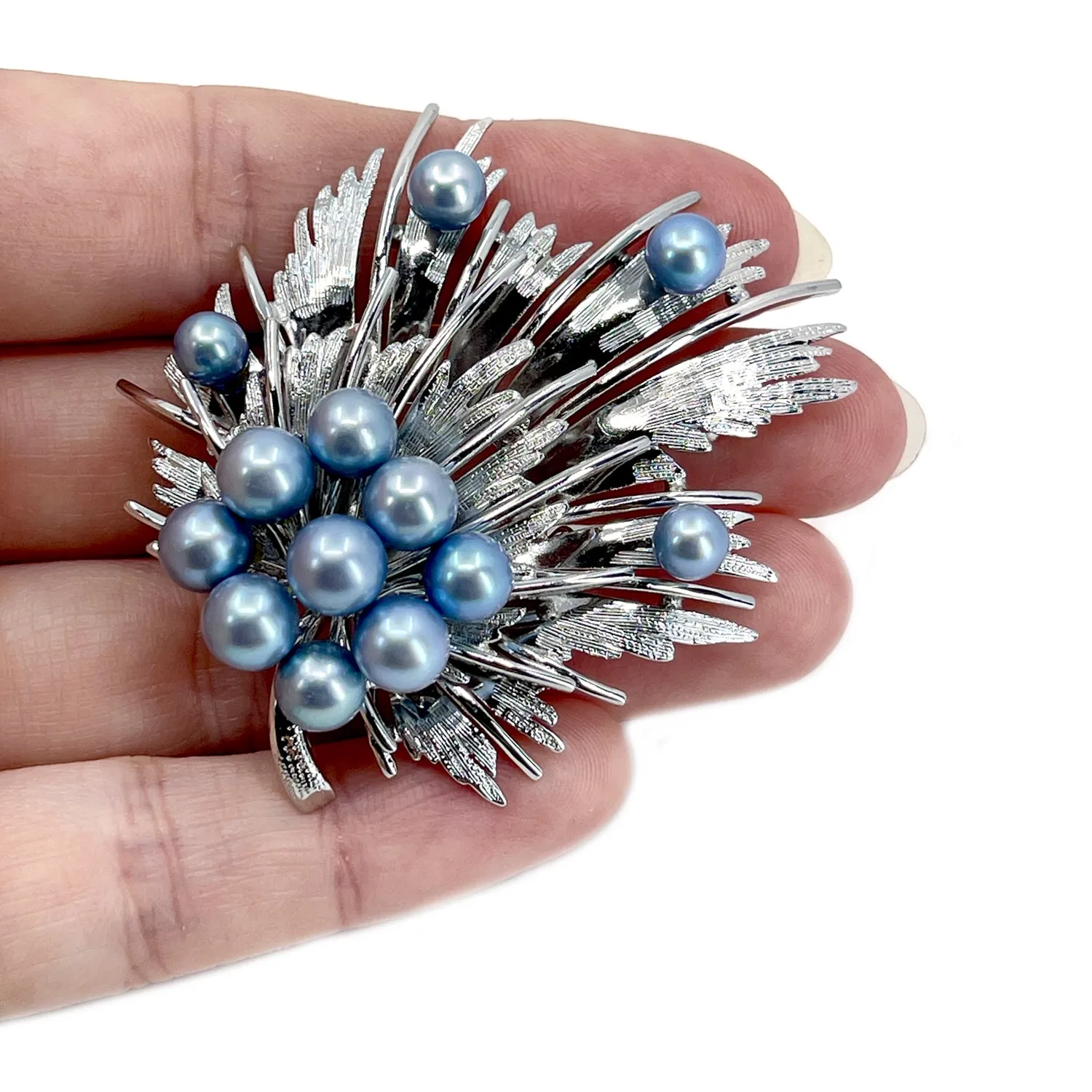 Mayuyama Mid-Century Modern Blue Japanese Saltwater Akoya Cultured Pearl Vintage Brooch- Sterling Silver