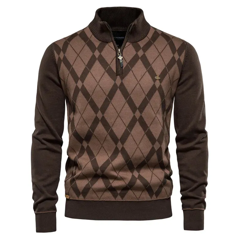 Men Sweaters Cotton Mock Neck Zipper Patchwork Pullover Men Winter High Quality Fashion Warm Sweaters for Men